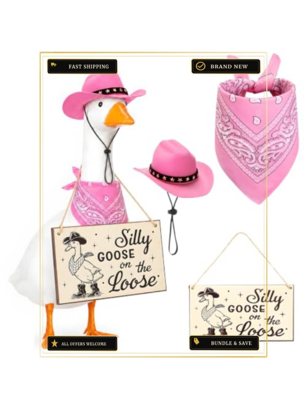Cowboy Porch Goose Decoration Set Hat Bandana Wooden Sign Outdoor Statue